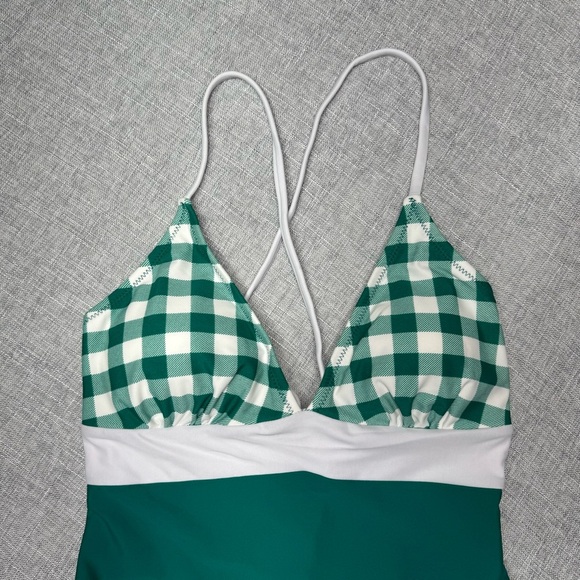 Cupshe Gingham Lace Up One Piece Swimsuit Green White Print Medium NWT - Picture 4 of 11